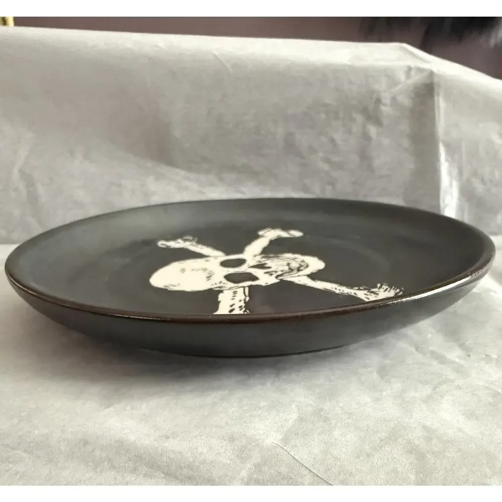 Halloween Black Appetizer Plate Skull Crossbone Set of 4 Stoneware 6” NEW in Box
